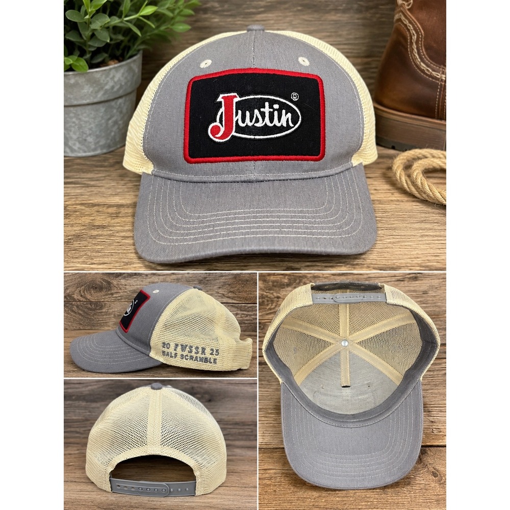 Justin Boots‎ Trucker Hat Grey Cream Mesh Snapback FWSSR Calf Scramble Patch Cap